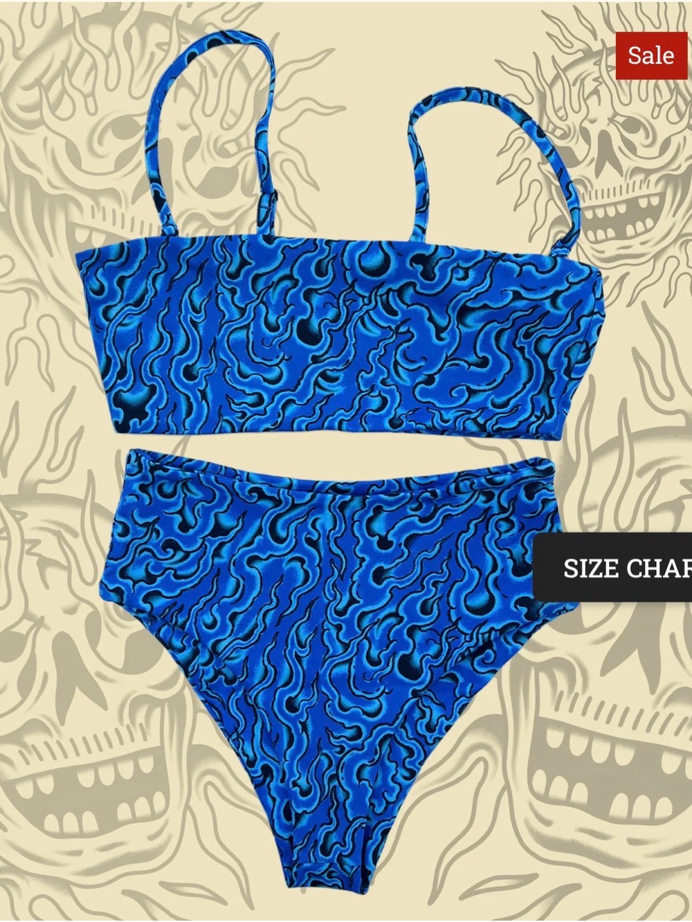NWT Take To The Grave Blue Flame Bandeau Top & High Waisted Bottom Bikini Set